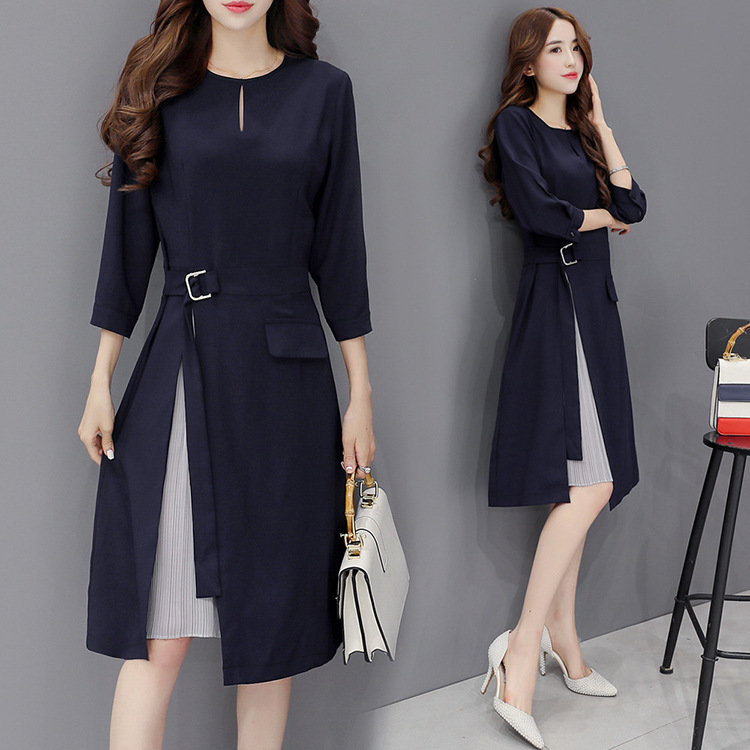 2024 春と秋の新作レディース七分袖ドレスミドル丈スリムスカートフェミニンな A ラインスカートトレンディ