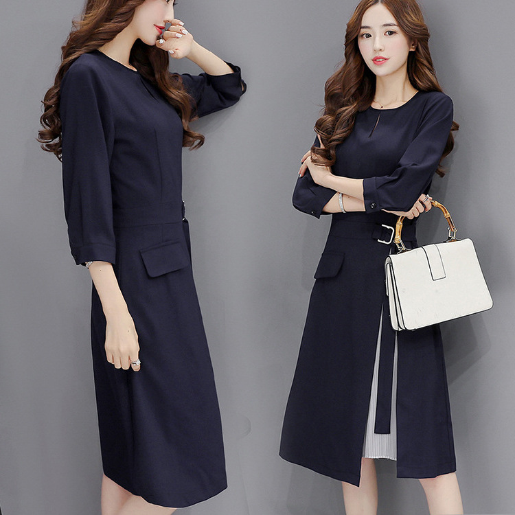 2024 春と秋の新作レディース七分袖ドレスミドル丈スリムスカートフェミニンな A ラインスカートトレンディ