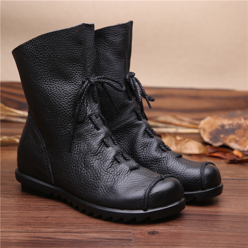 Xinrui New Style Short Boots Retro Original Genuine Leather Martin Boots Warm Leather Boots Thick Heel Soft Sole Women's Boots Women's Generating Hair