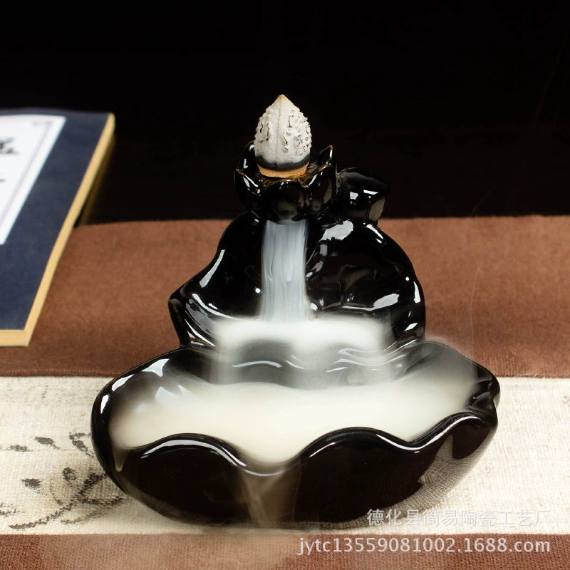 Ceramic Backflow Incense Burner, Lotus Inverted Design, Decorative Buddha Incense Holder