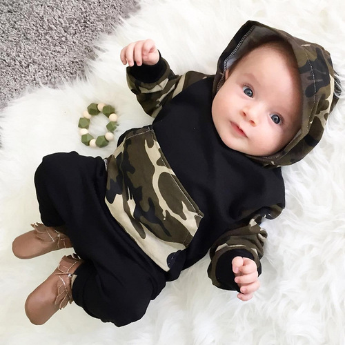 Kids' Summer Camp Outfit: Matching Camouflage Hooded Top and Bottom Pajamas Set for Infants and Toddlers - One Piece Shipping