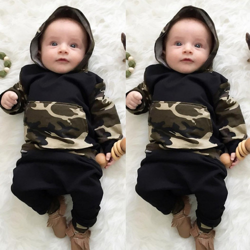 Kids' Summer Camp Outfit: Matching Camouflage Hooded Top and Bottom Pajamas Set for Infants and Toddlers - One Piece Shipping