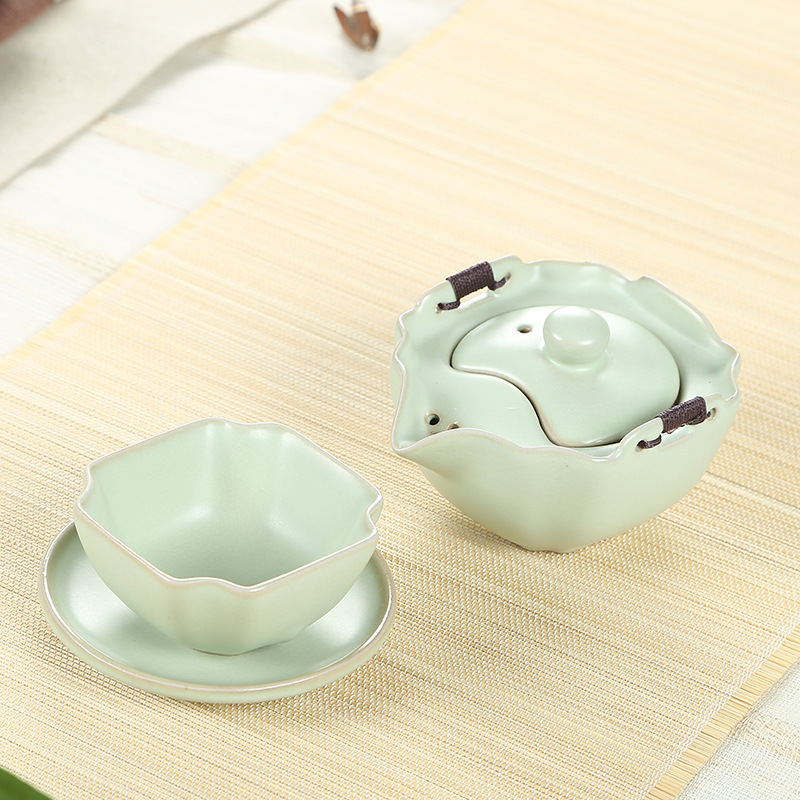 新品天青汝窑陶瓷旅行茶具套装商务礼品快客杯茶具套装可支持LOGO