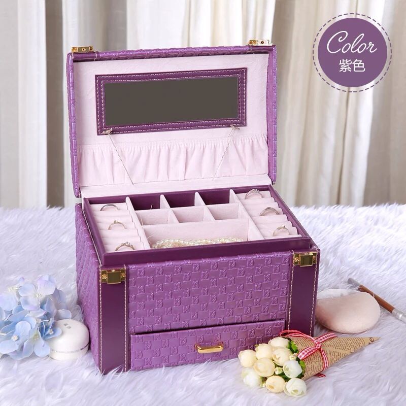 欧式公主高档皮质三层首饰盒带锁PU珠宝收纳盒耳环手链礼品盒