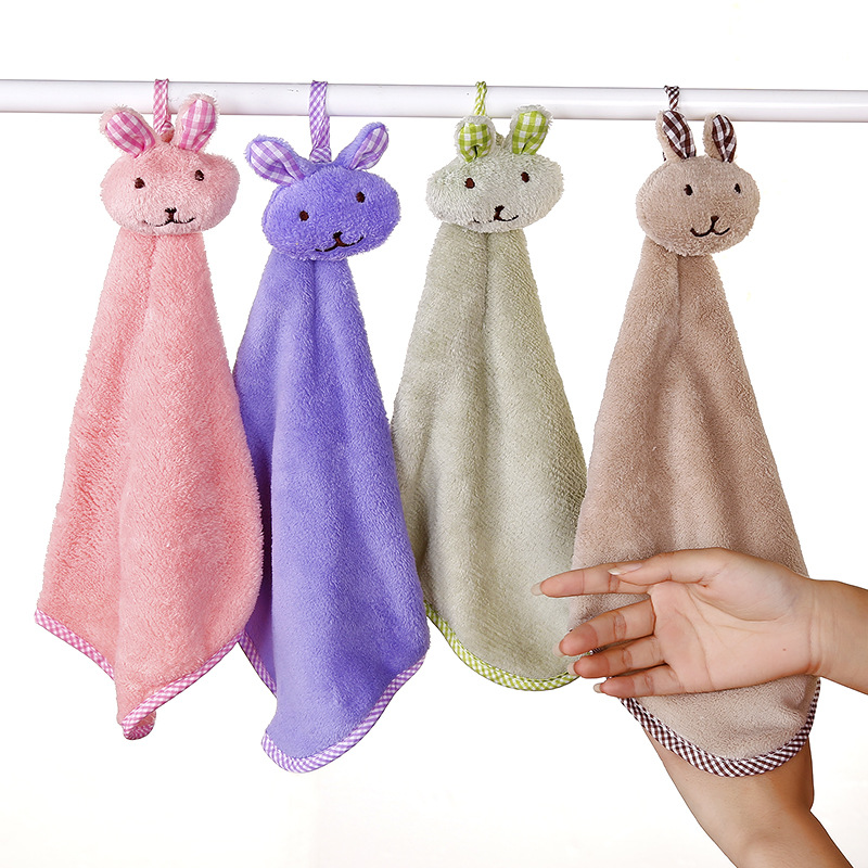 Toalla de mano de conejo de dibujos animados lindo colgante de lana de coral sin pelusa toalla de mano de secado rápido colgando Toalla de plato al por mayor