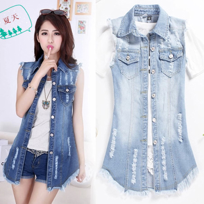 Ripped Denim Vest Women's Summer Outwear 2024 K-Style Versatile Fat mm Waistoutwear Large Size Mid-Length Denim Vest