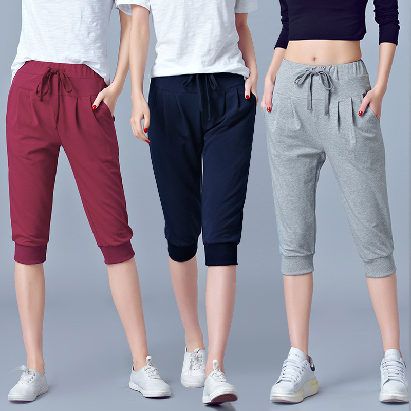 High-Waisted Stretch Cropped Pants for Women, Summer Thin Sports Pants, Loose Harem Pants 100kg Fat mm Large Size Casual Pants for Women