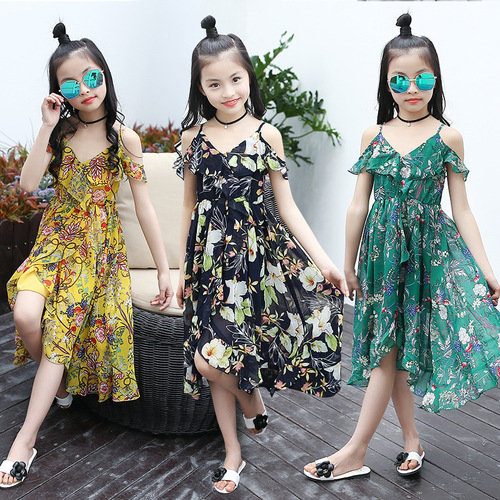 Girls' chiffon dress 2024 new summer style style mid-length beach children's strapless suspender dress for middle-aged and older children