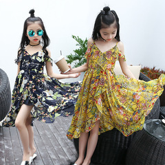 Girls' chiffon dress 2024 new summer style style mid-length beach children's strapless suspender dress for middle-aged and older children