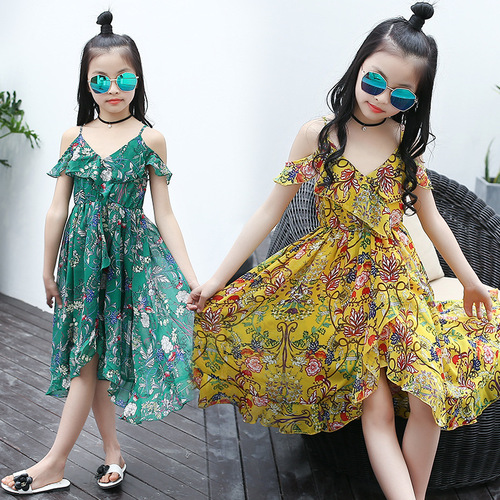 Girls' chiffon dress 2024 new summer style style mid-length beach children's strapless suspender dress for middle-aged and older children