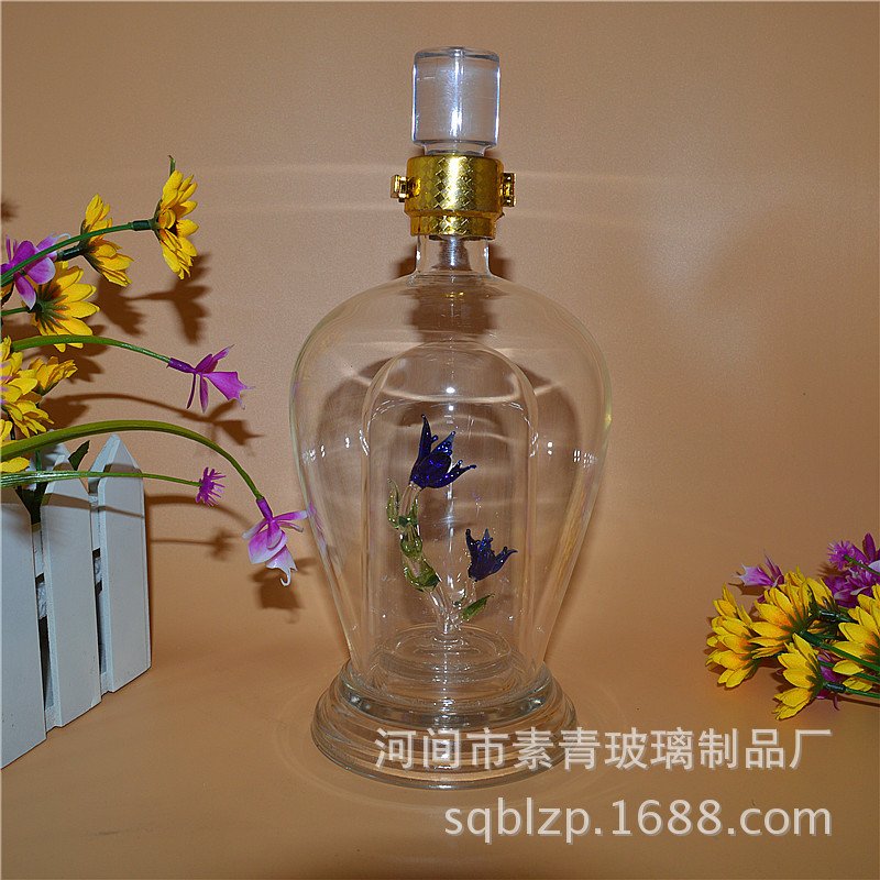 高硼硅玻璃礼品酒瓶 500mL坛子内套内置花卉型泡酒瓶水晶盖铜色扣