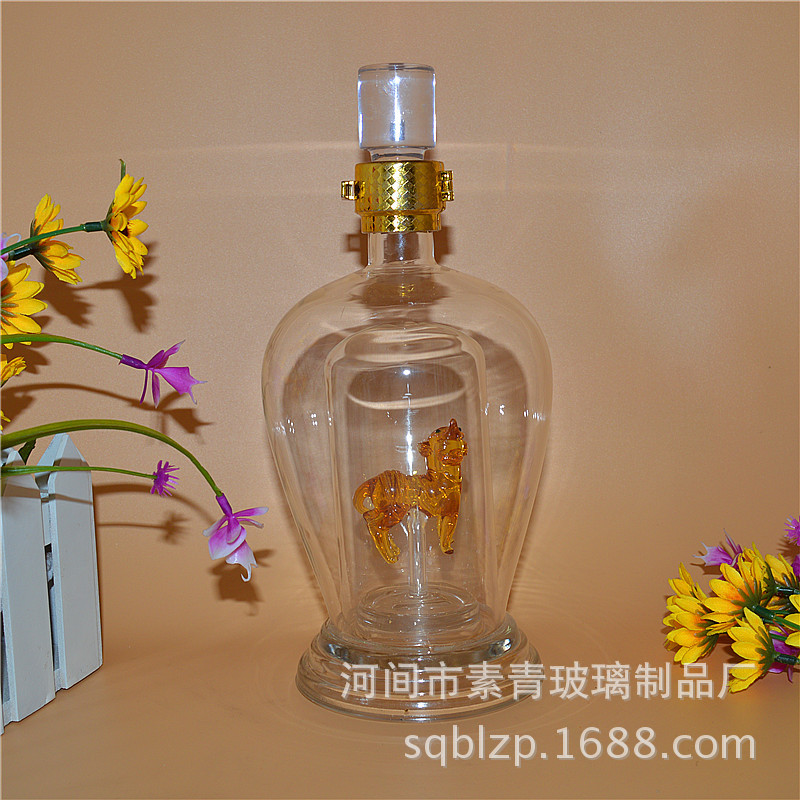 高硼硅玻璃礼品酒瓶 500ML坛子透明内套内置猛虎型泡酒瓶密封