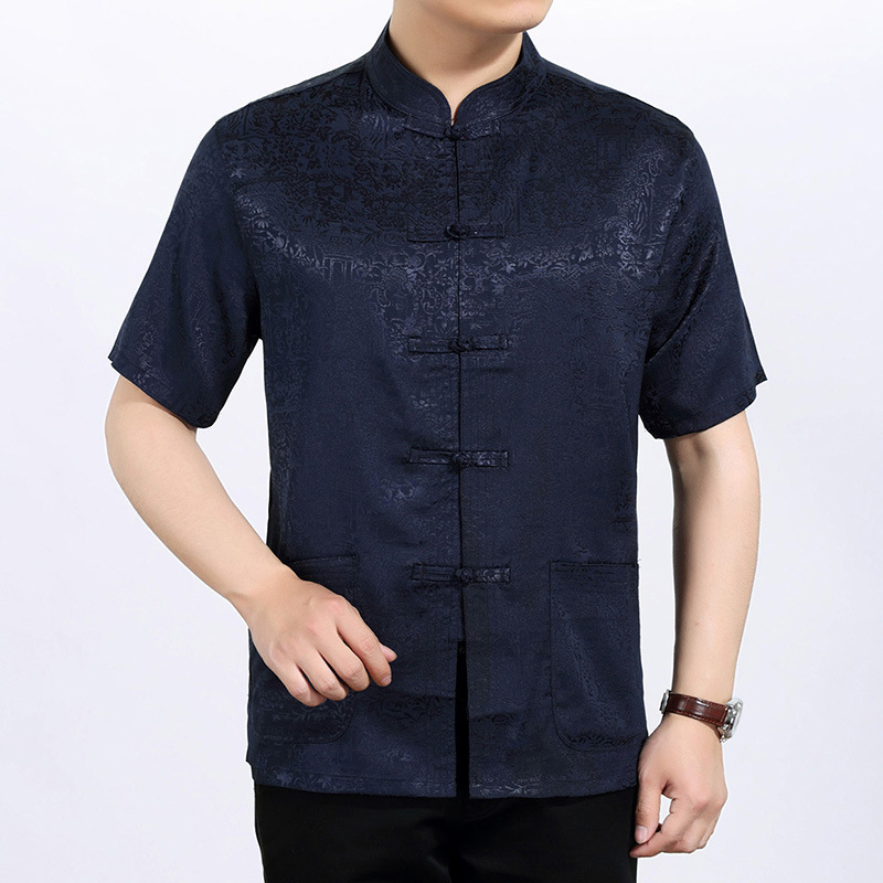 Middle-aged and elderly summer Pankou Tang suit short-sleeved men's Chinese style national style Hanfu Ice Silk casual dad outfit wholesale