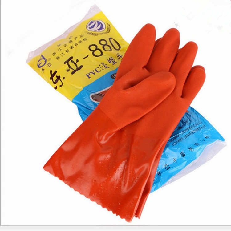 东亚880PVC浸塑手套红色耐油耐酸碱防水防滑止滑劳保手套橡胶防滑