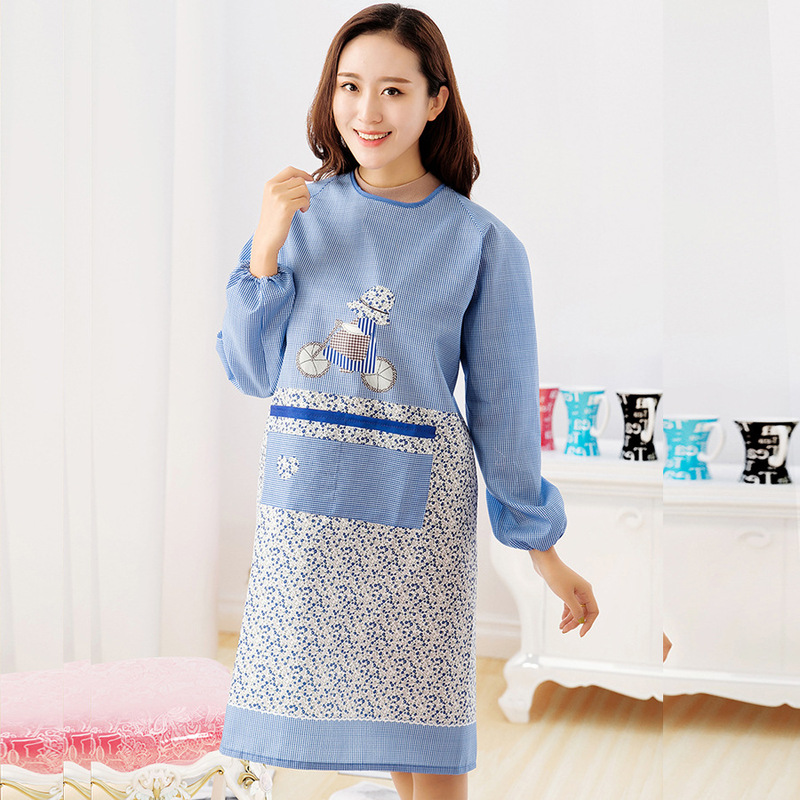 Cycling Girl Plaid Smock with Sleeves Apron Adult Reverse Dressing Housework Anti-Fouling Factory Direct Sales Wholesale