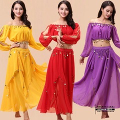 Belly Dance Set Adult Performance Costume New Indian Dance Stage Wear Lantern Long-Sleeve Fringe Skirt Practice Wear