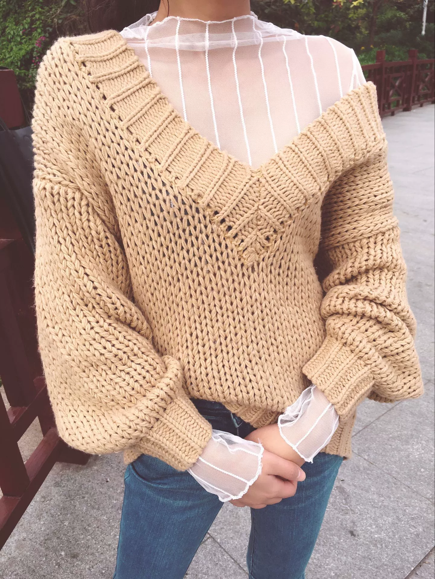 Long‑sleeve mesh top, polyester lace, transparent, one size, spring‑summer