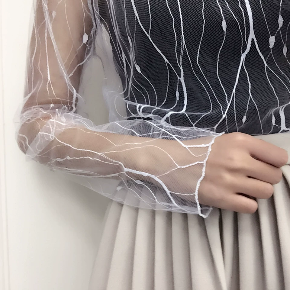 Long‑sleeve mesh top, polyester lace, transparent, one size, spring‑summer