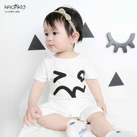 可爱鬼脸男女童夏季舒适棉质短袖哈衣宝宝搞怪纯色四季包屁衣爬服