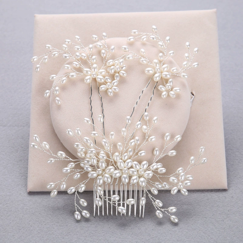 Набор свадебных заколок для волос, handmade ivory pearls на серебряной медной проволоке — гребень + 2 шпильки, золото/серебро
