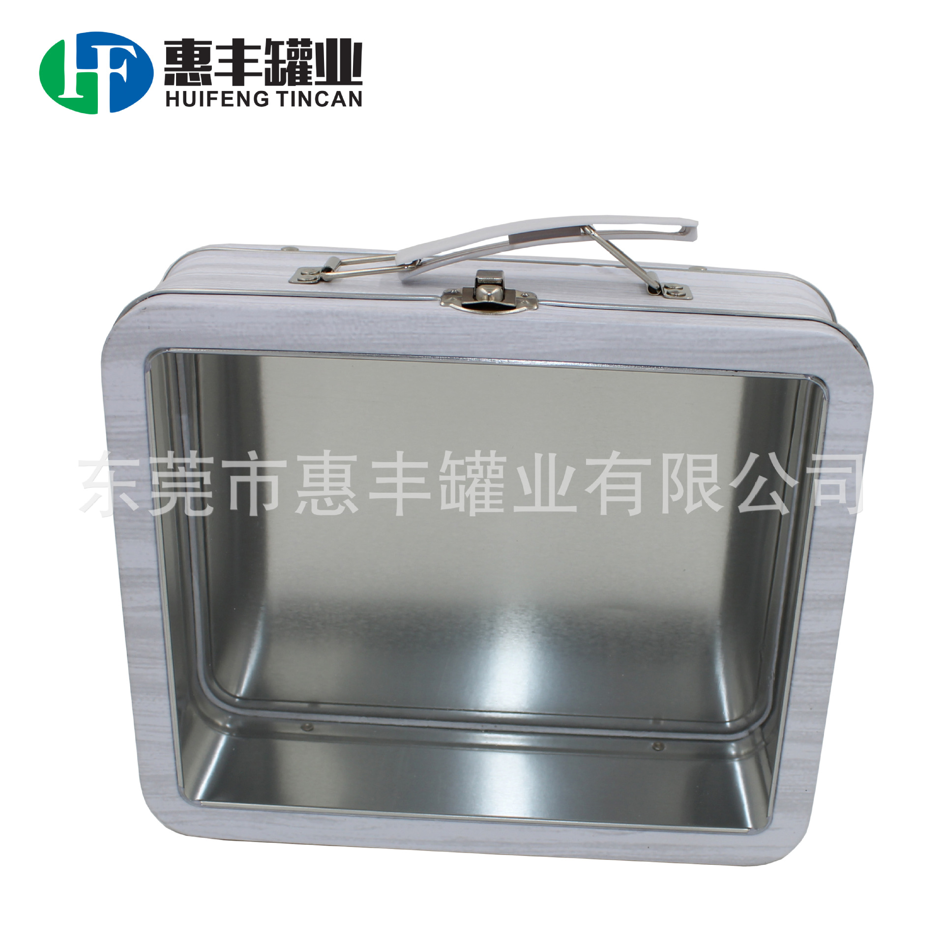 供应仿木纹马口铁午餐盒 意大利服装包装铁盒 开天窗手提箱铁盒