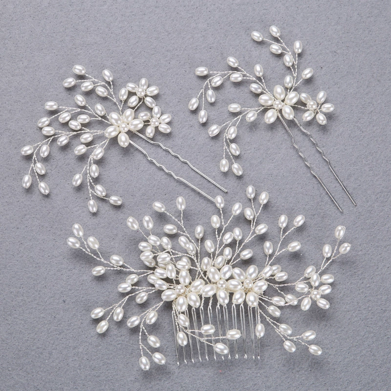 Набор свадебных заколок для волос, handmade ivory pearls на серебряной медной проволоке — гребень + 2 шпильки, золото/серебро