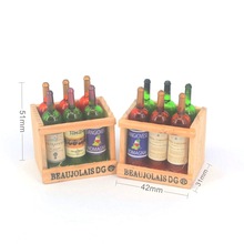 DOLLHOUSE 微缩食玩场景模型 娃娃屋配件 迷你6支红酒瓶带木架