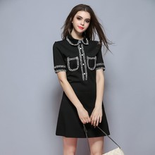 2025夏季新款欧洲站精品女装A字裙短袖翻领黑色小香风修身连衣裙