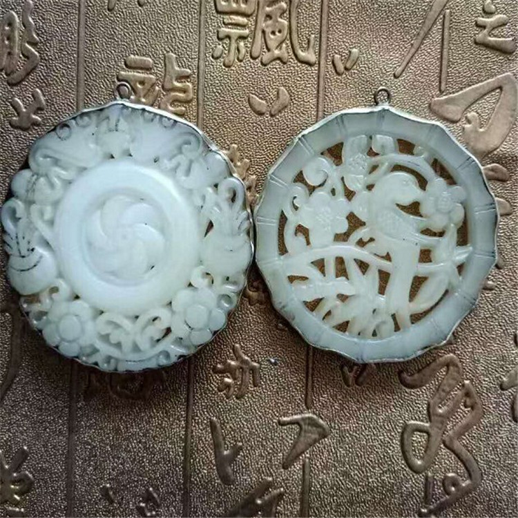 玉器挂件 仿  古和田玉包银玉璧 藏银镶嵌外蒙料镂空白玉牌子批发