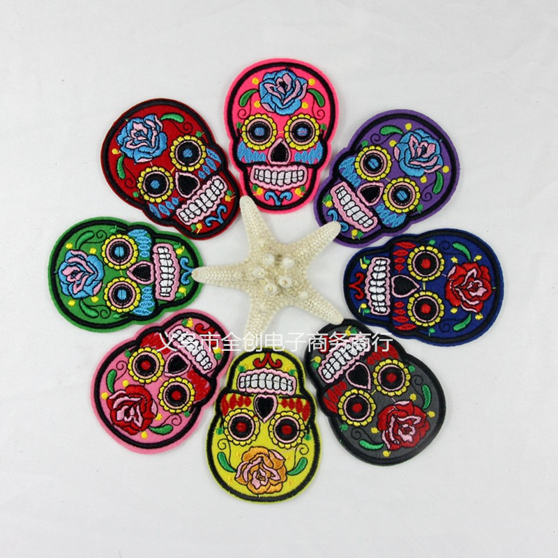 长宽刺绣布贴玫瑰花骷髅鬼头布标电脑绣花微章箱包补丁贴服装辅料