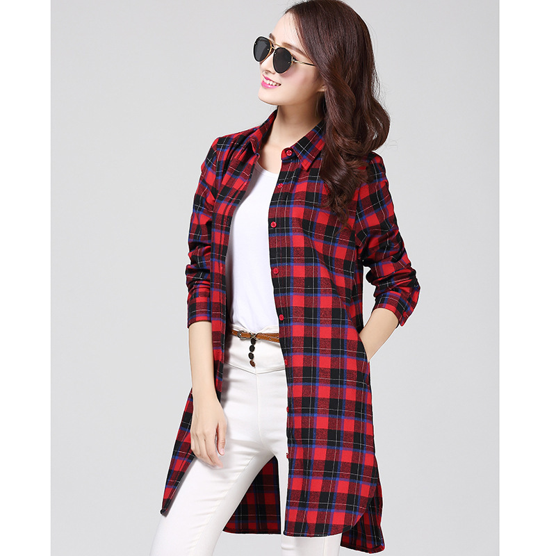 Plus-Size Cotton Brushed Plaid Mid-Length Long-Sleeve Shirt Women's Top Jacket Base Shirt with a Turn-Down Collar, Fashionable and Versatile