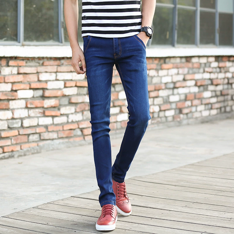Эластичные джинсы, мужские штаны, для подростков, корейский стиль, slim fit, средний посад