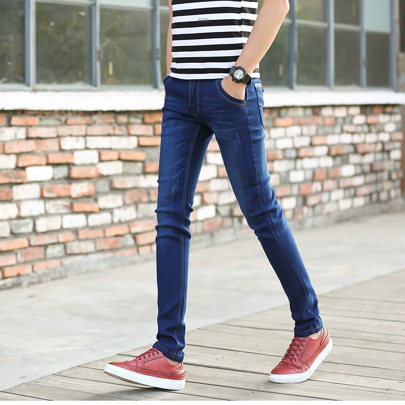 Эластичные джинсы, мужские штаны, для подростков, корейский стиль, slim fit, средний посад