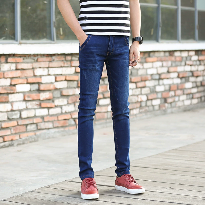 Эластичные джинсы, мужские штаны, для подростков, корейский стиль, slim fit, средний посад