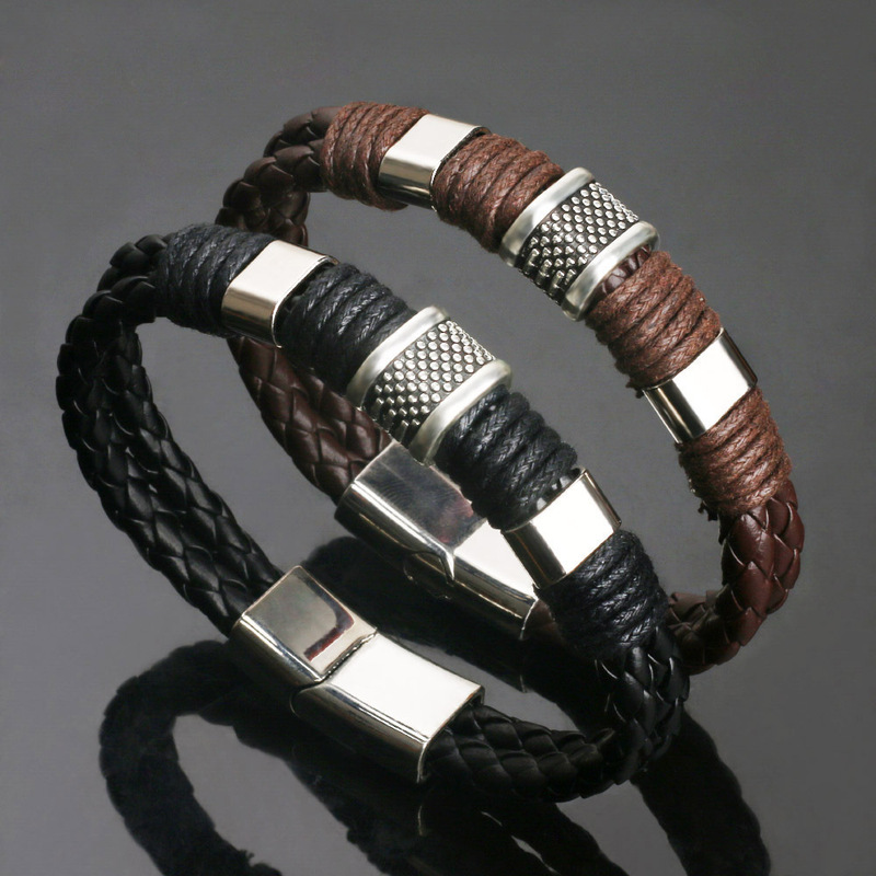 Vintage Leather Men's Cowhide Magnetic Buckle Bracelet Korean Style Fashion Leather Personality Aggressive Braided Leather Rope Bracelet