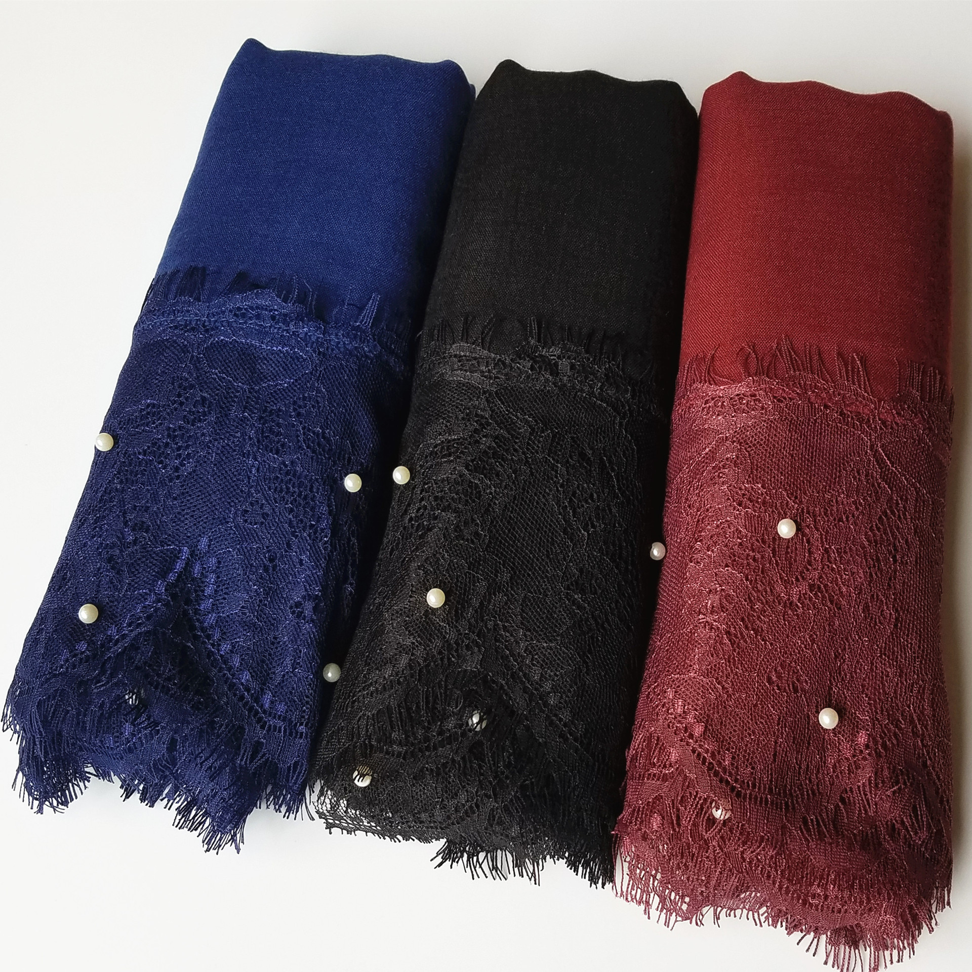 速卖通时尚棉麻单色围巾两头蕾丝花边珍珠包头围巾丝巾披肩批发