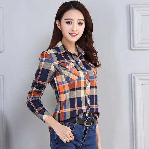 Korean-style checkered women's slim-fitting, figure-hugging cotton long-sleeved base shirt for students, large women's clothing, versatile outerwear