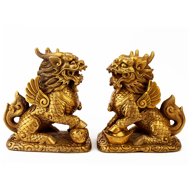 黄铜财富麒麟摆件送子一对大号金属工艺品