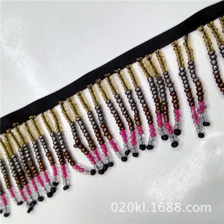 KLHBS101手工串珠带流苏 重工流苏花边浅金波浪吊须排须花边