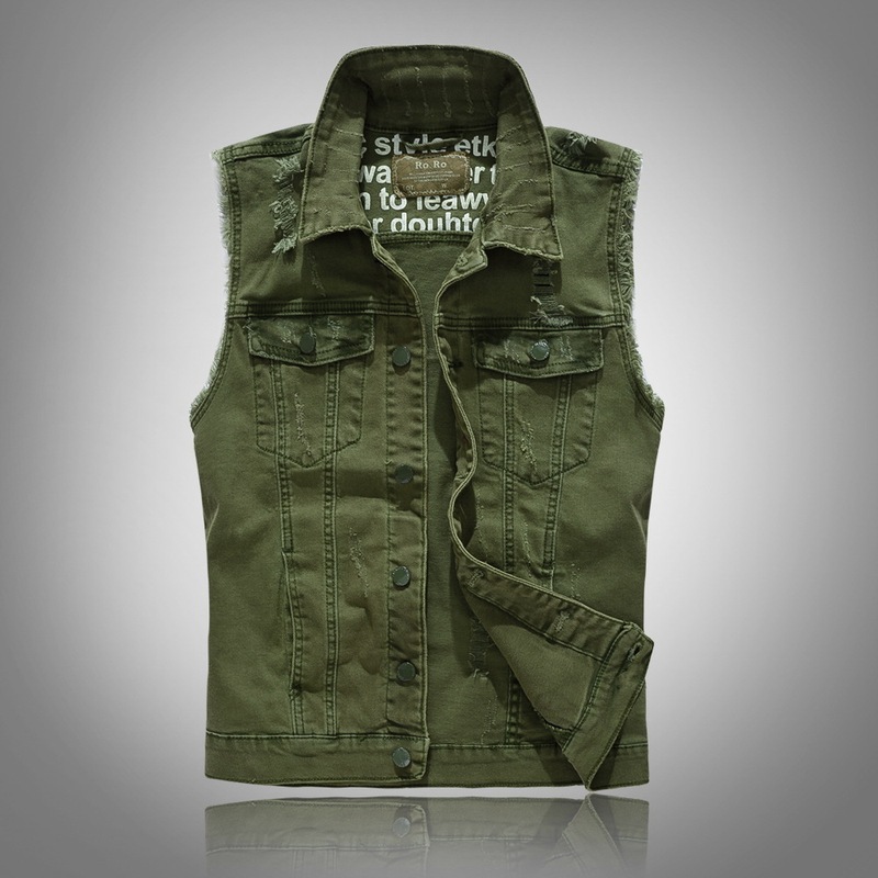 Cool New Personalized Korean Style Slim Men's Denim Vest Men's Denim Vest Military Green Denim Vest Top
