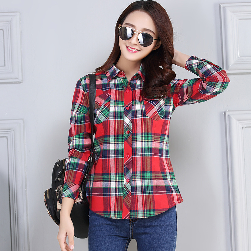 Korean Style Plaid Shirt for Women, Slim Fit, Cotton Long-Sleeve Base Shirt, Student Plus Size Women's Jacket, Versatile
