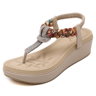 Summer 2024 ethnic style women's shoes Beach seaside bohemian wedge rhinestone floral plus size woven sandals