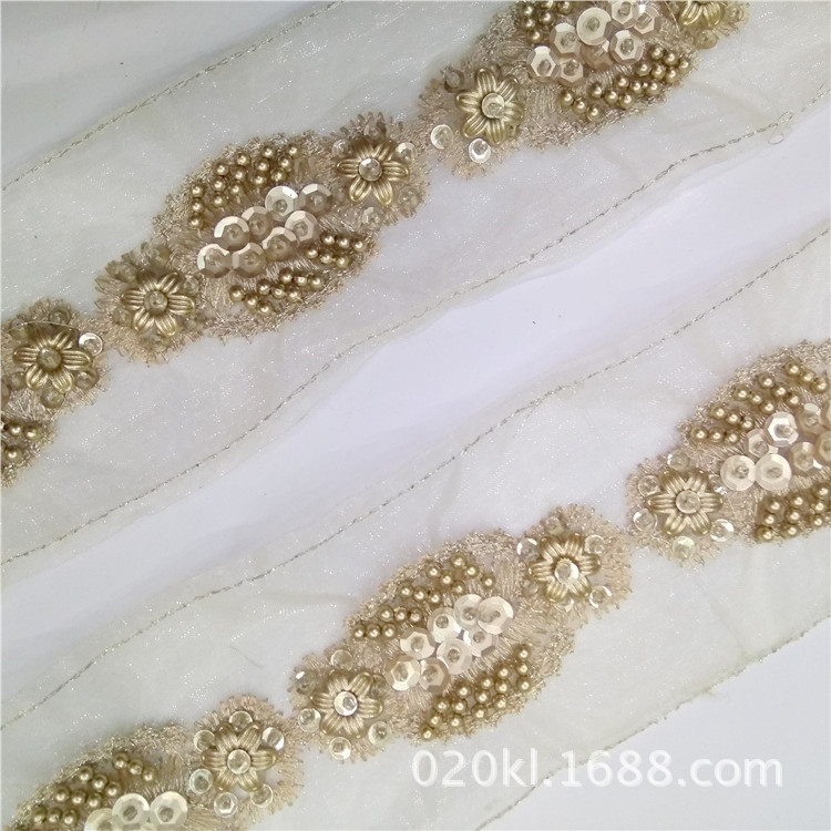 KLHB272时尚 浅金色花朵花边绣底花边绣底 订珠带冬季服装服饰珠