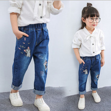 2023秋季新款韩版女童可爱猫咪刺绣牛仔长裤 中小童裤子厂家直销