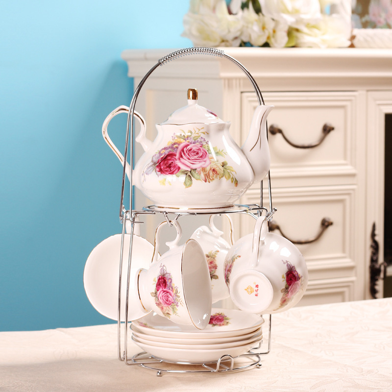 European-style afternoon tea cup and saucer set household ceramic coffee set 9 English black tea cups with a delivery rack