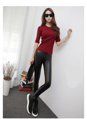 Warm Fleece Thick Faux Leather Women's Winter Outerwear Slim High-Waist Plus Size Tight Elastic Matte Leather Pants