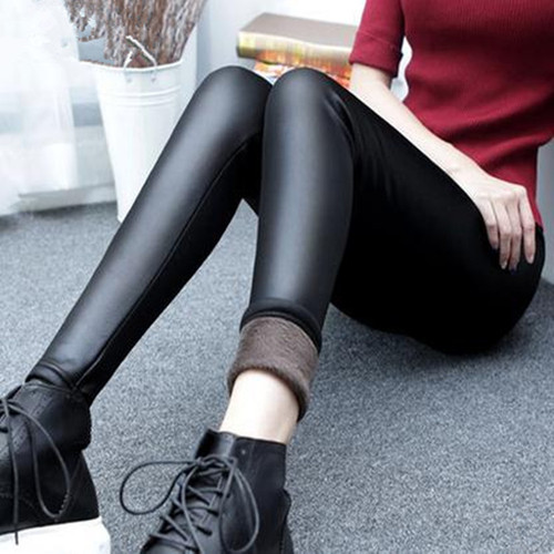 Warm Fleece Thick Faux Leather Women's Winter Outerwear Slim High-Waist Plus Size Tight Elastic Matte Leather Pants