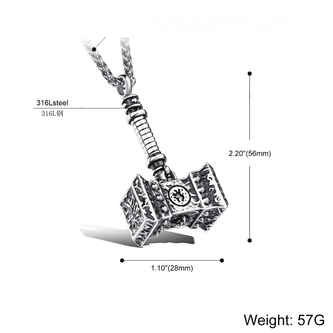 Pendentif collier marteau de thor pour homme en acier titane_voghion.com