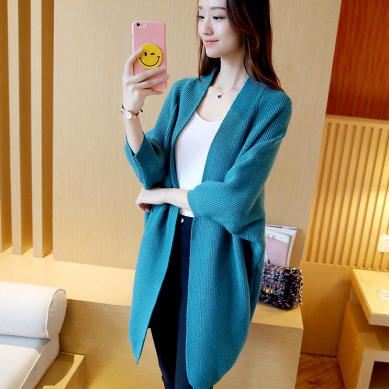 2025 Spring, Autumn and Winter New Bat Sleeve Large Size Korean Style Mid-Length Loose Solid Color Sweater Women's Knitted Cardigan Jacket