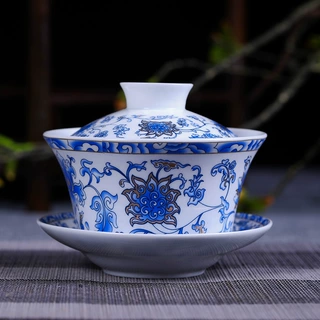 景德镇陶瓷仿古青花功夫茶具三大才盖碗白瓷厂家直销茶杯定制logo